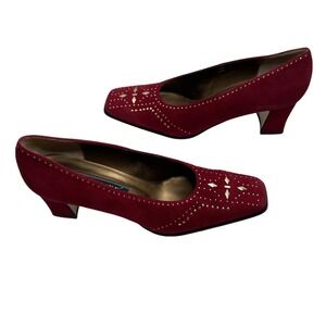 J. Renee Red Suede Pump Shoes Heels Gold Studded‎ Accent Women's Size 10M